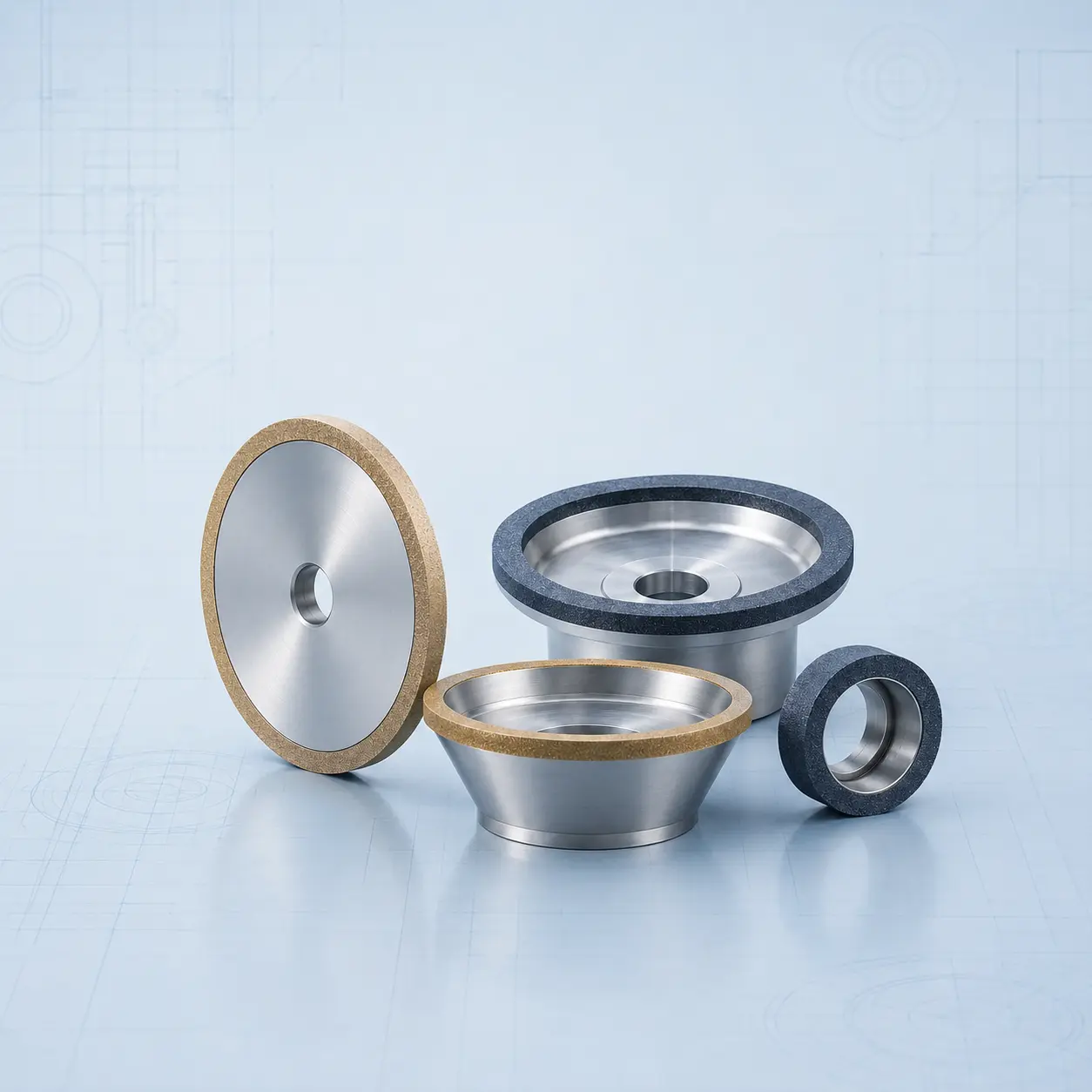 Illustrative lineup of four complete custom Diamond and CBN grinding wheel configurations