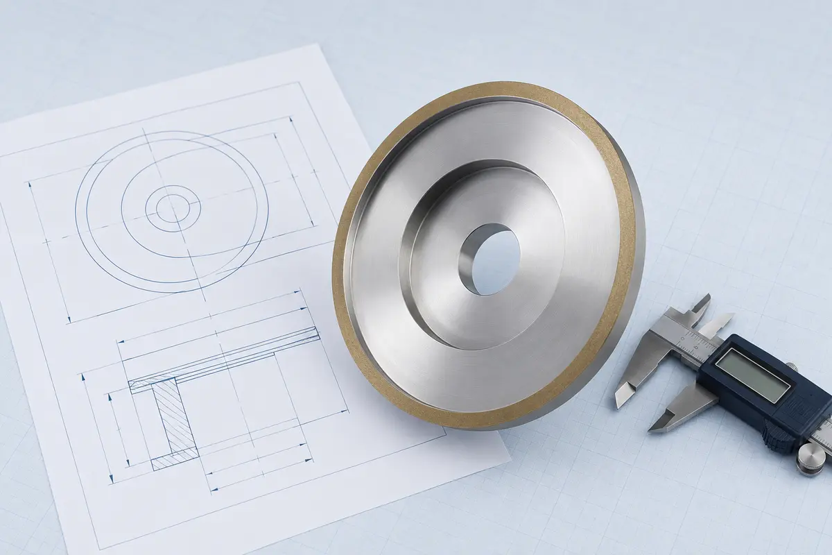 Illustrative replacement grinding wheel with drawing and caliper